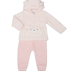 G33057:  Baby Pink Bear Hooded Plush Fleece Top & Jog Pant Set (6-24 Months)